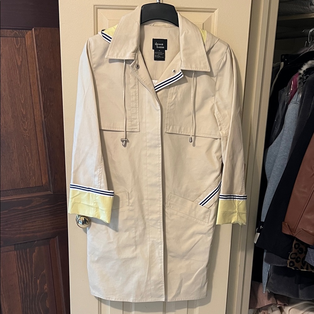 Dennis Basso Beige Trench Coat with Yellow and Blue Accents